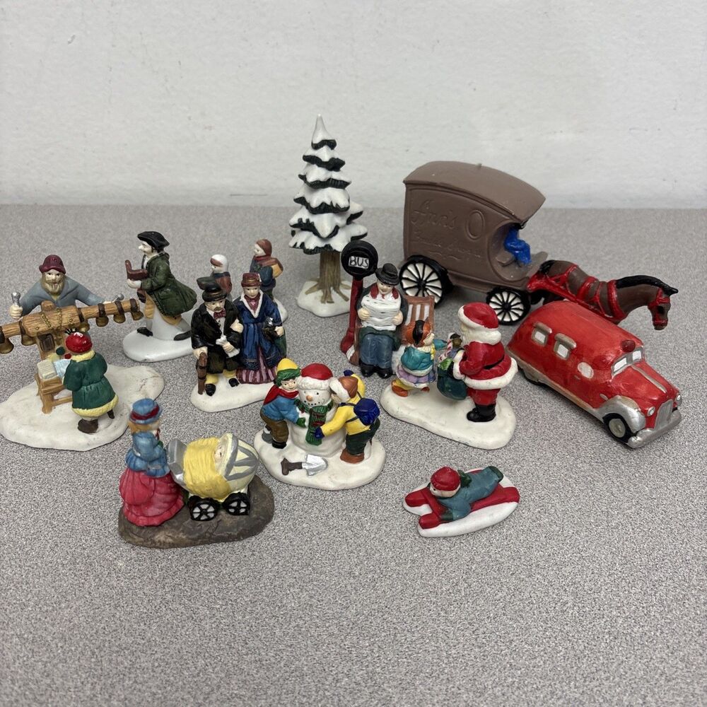 Vintage Christmas Village Lot 11 Ceramic Figures, Victorian People Vehicles Tree
